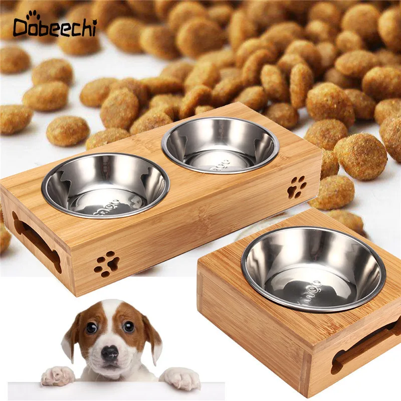 

Pet Cat Dog Feeding Water Bowls Stainless Steel With Bamboo Bowl Rack Food Drinking Bowl Plate Puppy Accessories Pet Supplies
