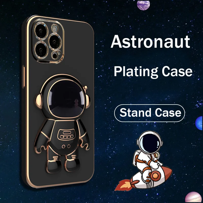 

Luxury Plating 3D Spaceman Astronaut Stand Case For iPhone 13 12 Mini 11 Pro MAX X XR XS MAX 7 8 6 6S Plus Silicone Phone Cover