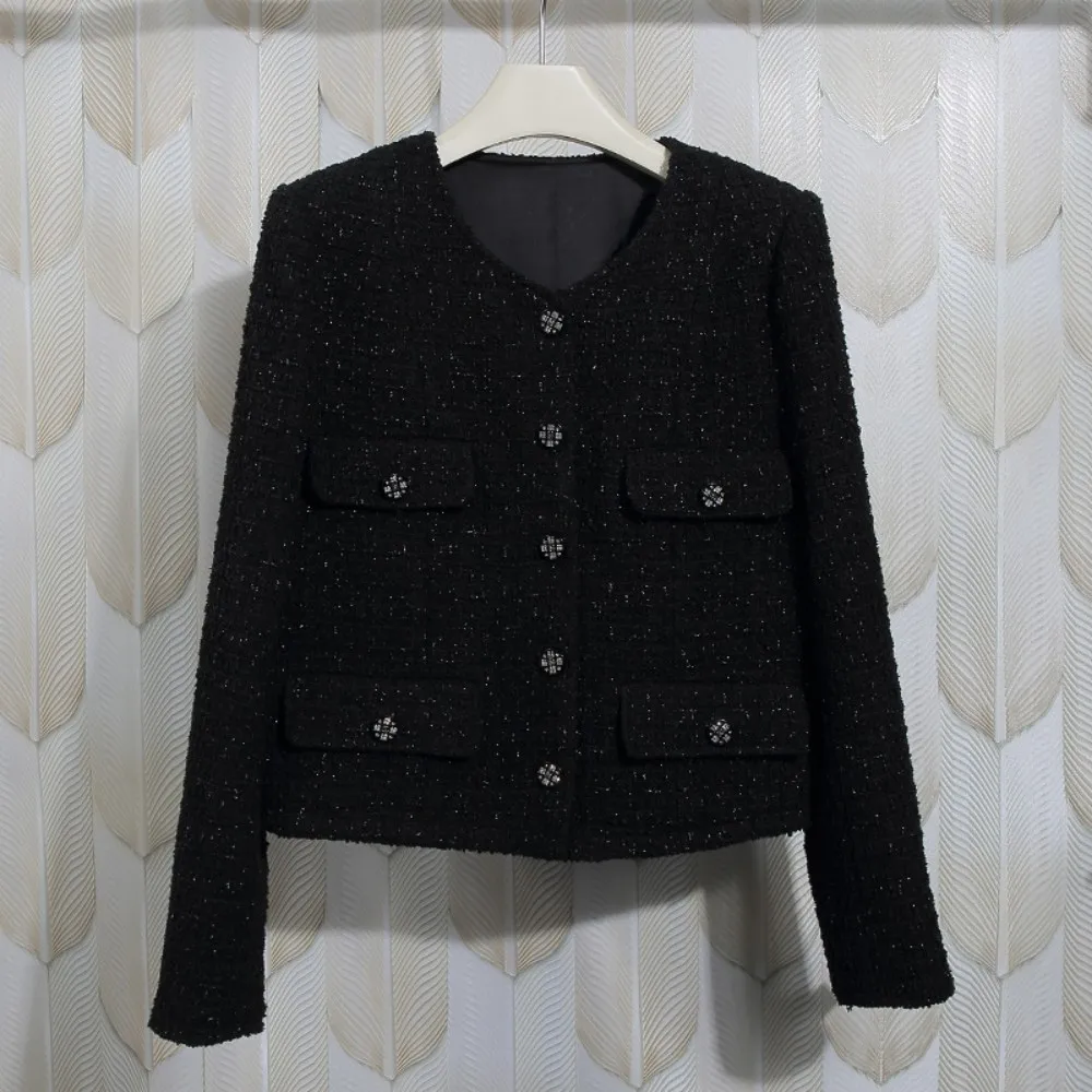 

2023 Spring Autumn France Style Women's High Quality O-neck Black Tweed Jackets C453