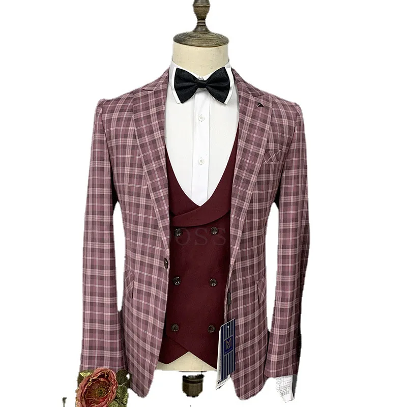 3 Pcs Suit Set Blazers Coat Vest Pants / Fashion Men Casual Business Plaid Big Lapel Groom Wedding Formal Dress Jacket Trousers | Мужская