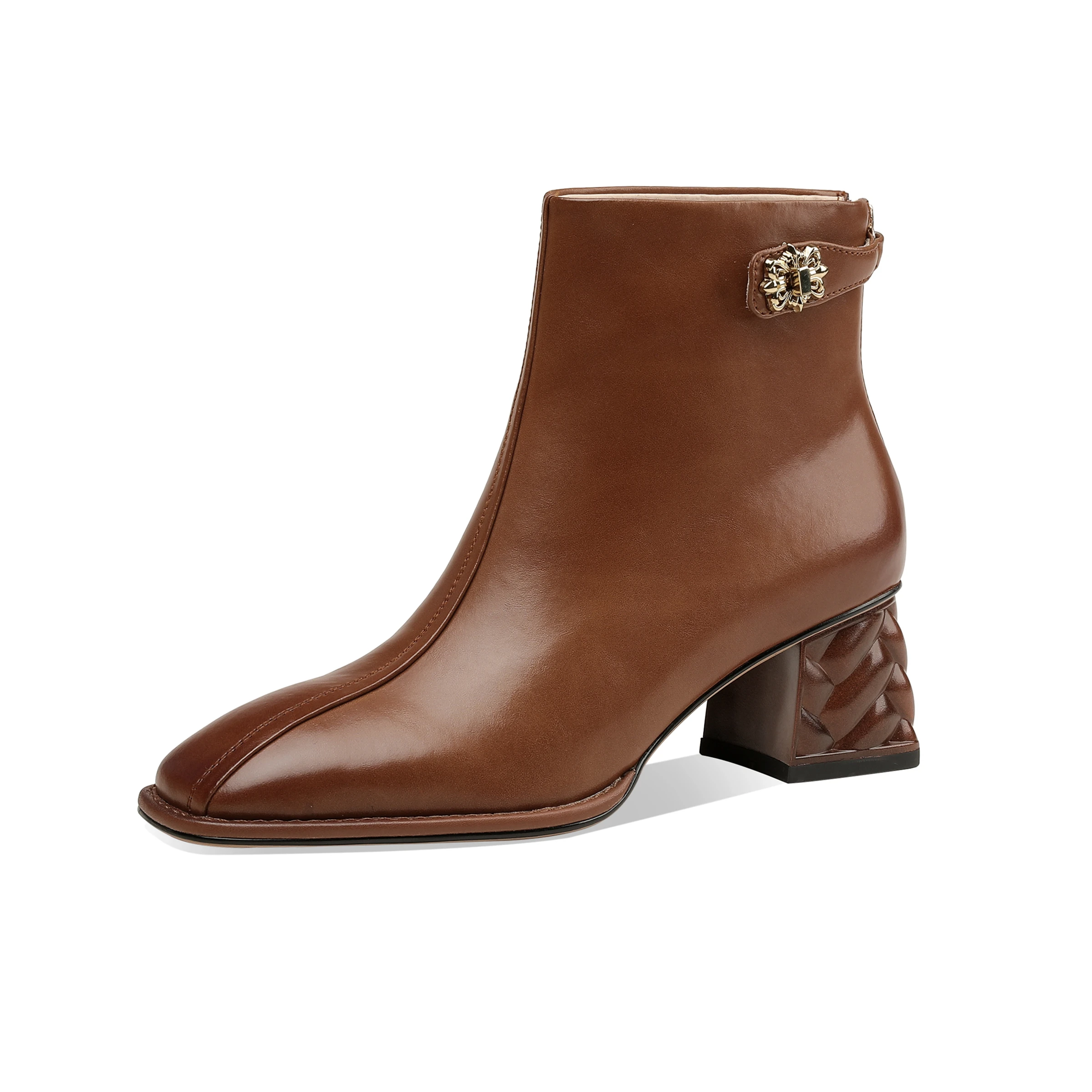 

Mstyle Genuine Leather Metal Decor Back Zip Up Ankle Boots for Women Classic Square Toe Block Heel Handmade Autumn Winter Boot