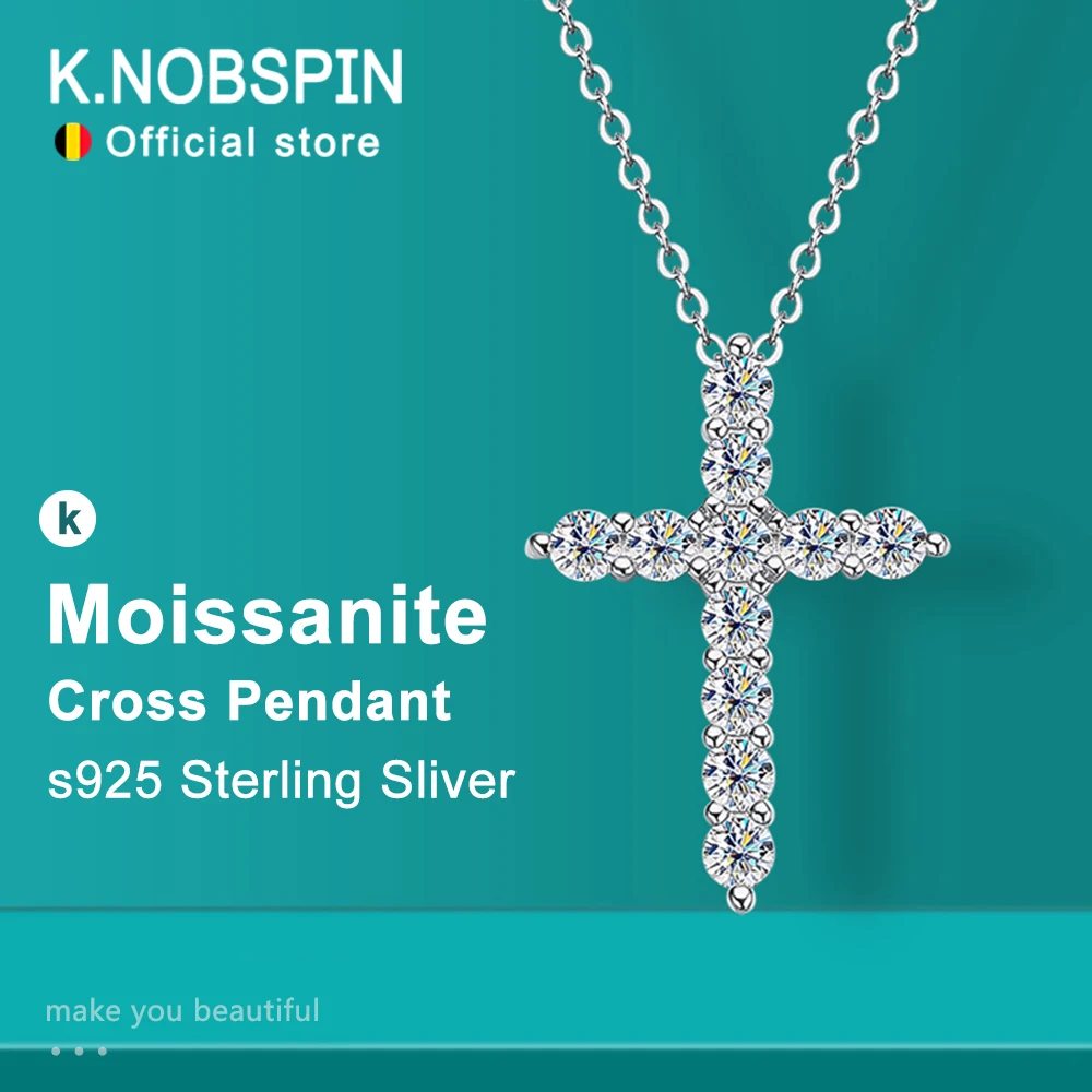 KNOBSPIN Full Moissanite Cross Pendant Necklace Original 925 Sterling Sliver Chain Plated 18k White Gold Fine Necklace for Women