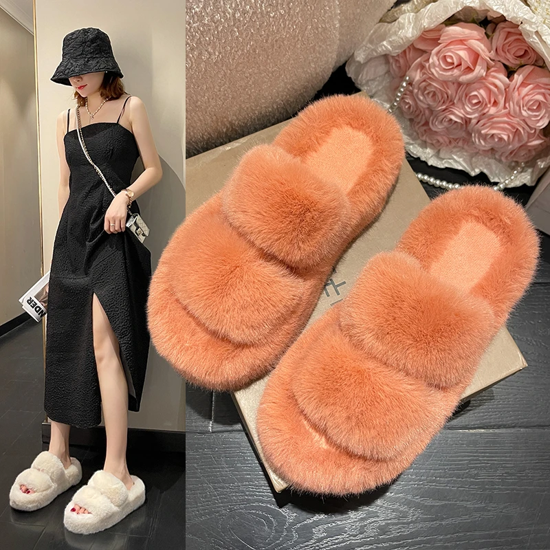 

Winter Woman Slipper Room Shoes Shallow Fur Flip Flops Slides Low Fashion Pantofle Massage Plush Luxury 2022 Flat Fabric Rubber
