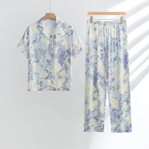 Женские пижамные костюмы из двух предметов на весну и лето, пижамы с длинными рукавами и цветочным принтом, удобные атласные топы из материала с брюками, пижамы