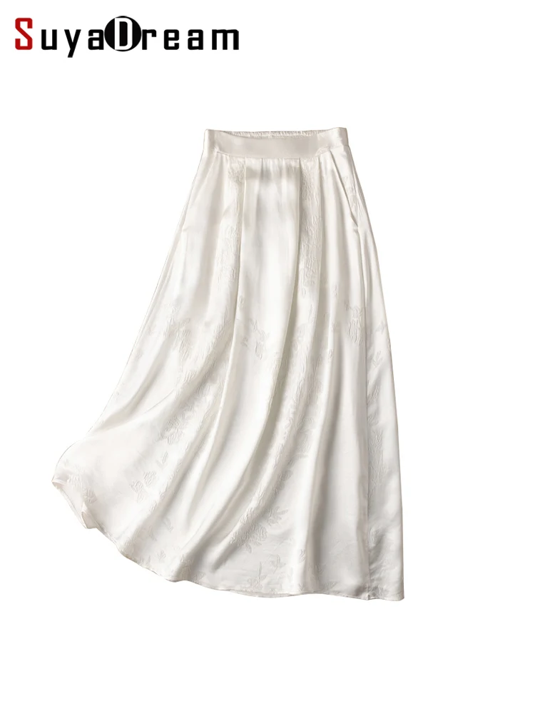 SuyaDream White Skirt for Woman Silk Blend Elastic Waisted Jacquard Long Skirts 2023 Spring Summer Chic Bottom
