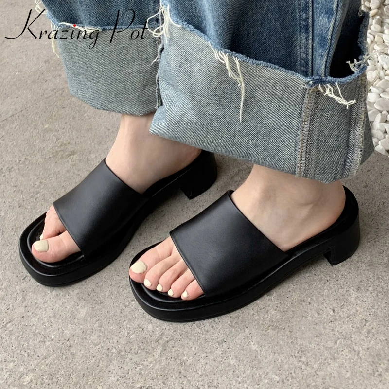 

Krazing Pot New Genuine Leather Peep Toe Women Slides Simple Style Solid Young Lady Daily Wear Comfortable Outside Slippers L74