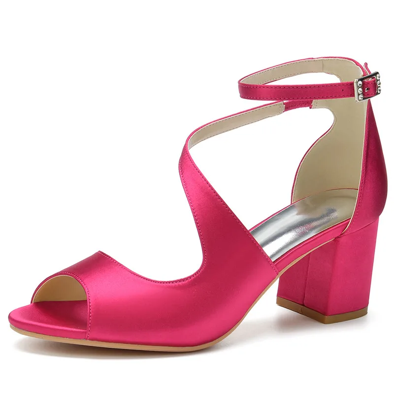 

2023 Mid Block Heel Wedding Sandal Shoes Ankle Buckle Strap Peep Toe Satin Women Chunky Heels For Shoes