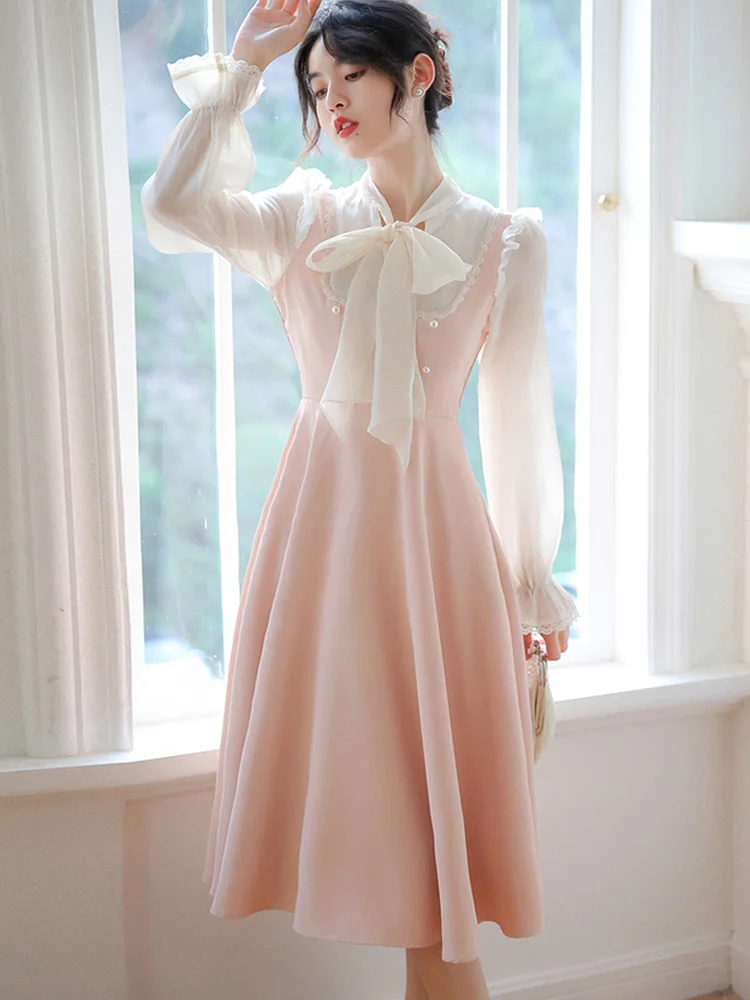 

Korean Fashion Sweet Bowknot Slim A-Line Dress Women Elegant Fashion Pearl Button Long Sleeve Vintage Fake Two Pieces Dresses