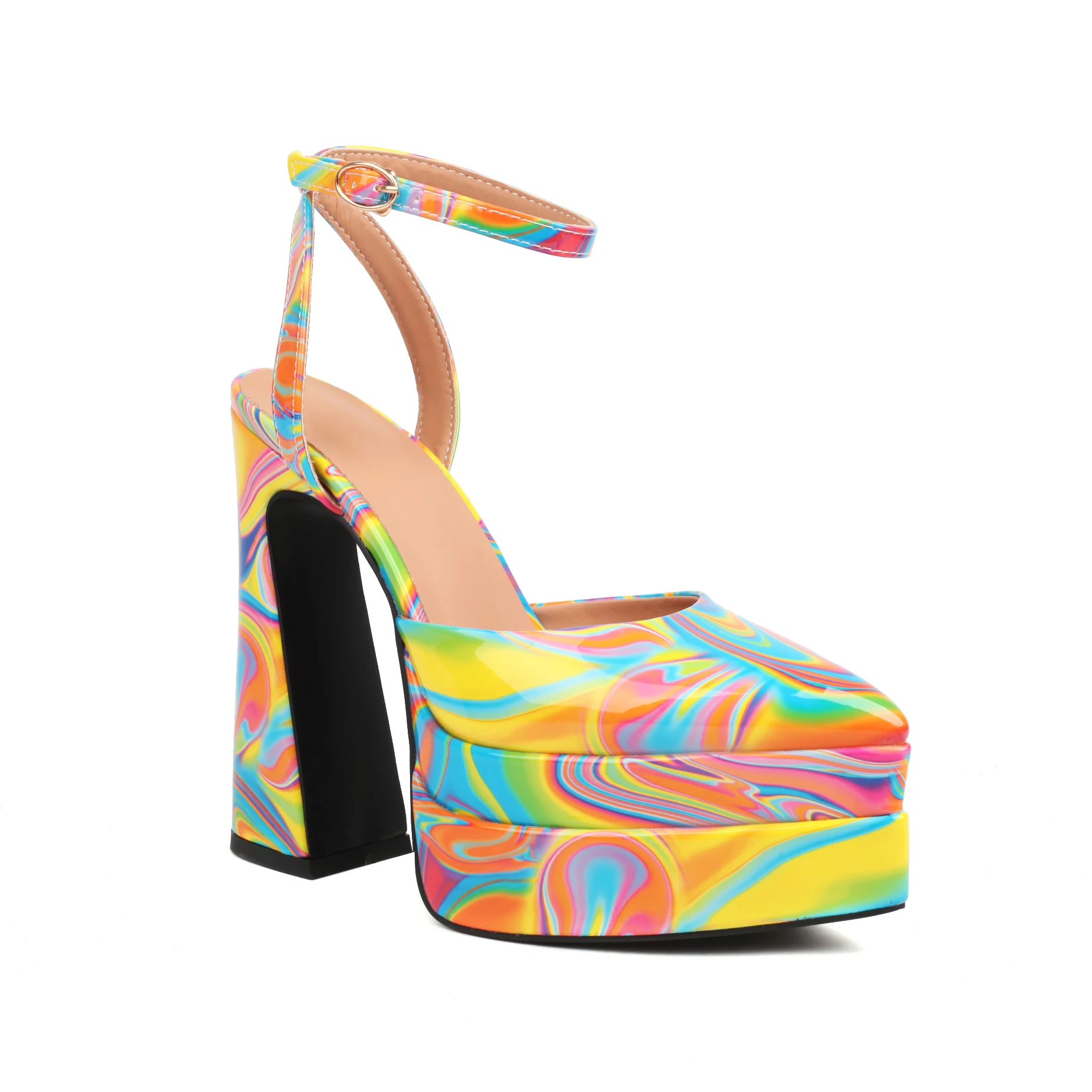 

Fashion Sexy High Heels Sandals Women Platform Summer New Patent Leather Buckle Strap Mixed Colors Pointed Toe Shoes Size 43