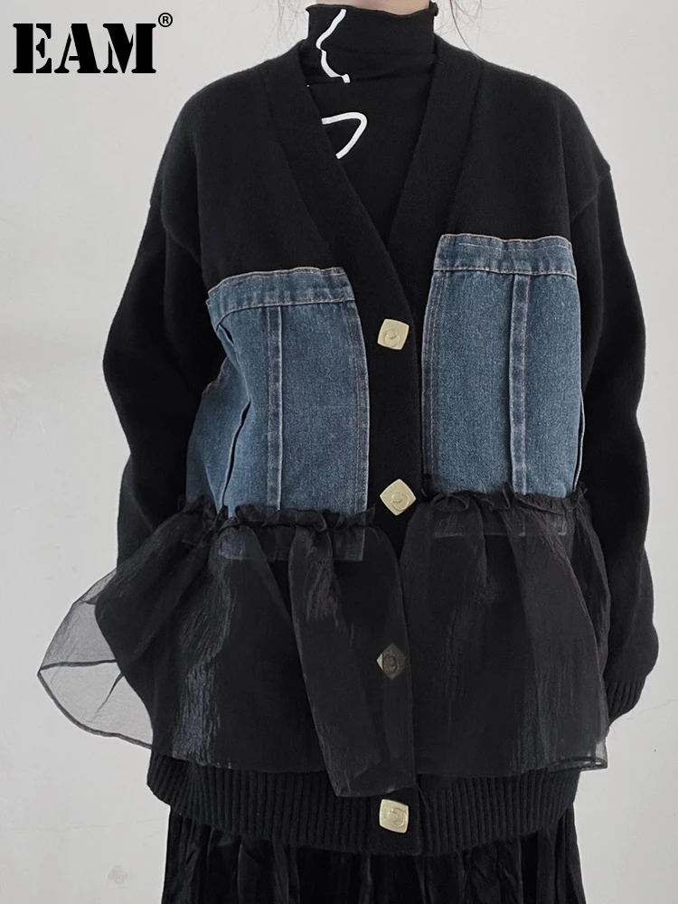 

[EAM] Black Denim Organza Big Size Knitting Cardigan Sweater V-Neck Long Sleeve Women New Fashion Autumn Winter 2023 1DF3449