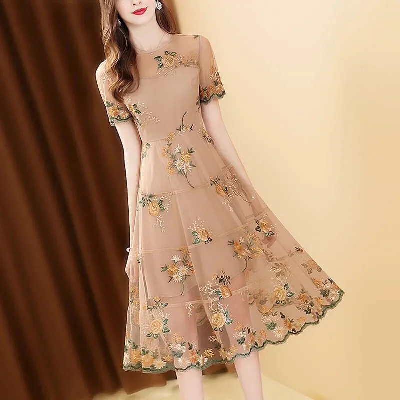 

Женское кружевное платье с вышивкой, элегантное облегающее Сетчатое платье во французском ретро-стиле с вышивкой и круглым вырезом, лето 2023