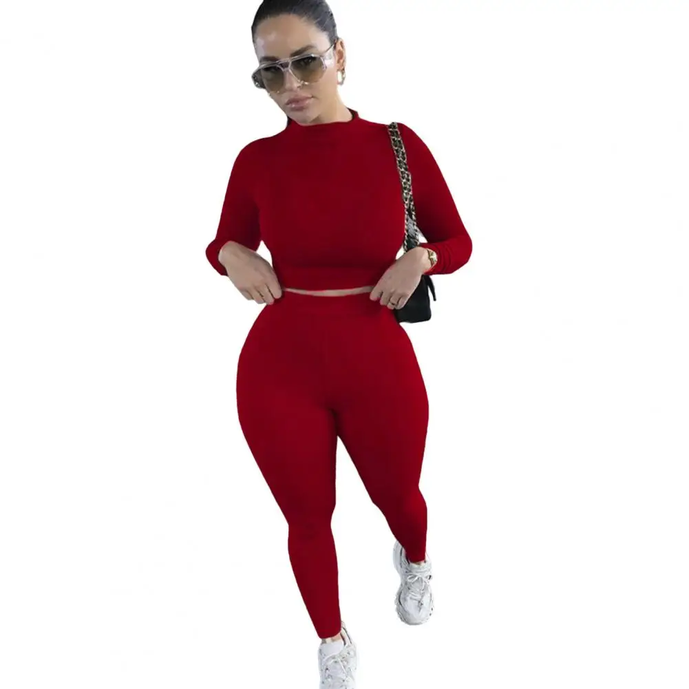 

Sexy Women Trousers Suit Bodycon Sport Top Pants Set Short Top High Waist Elastic Long Sleeves Crop Top Autumn