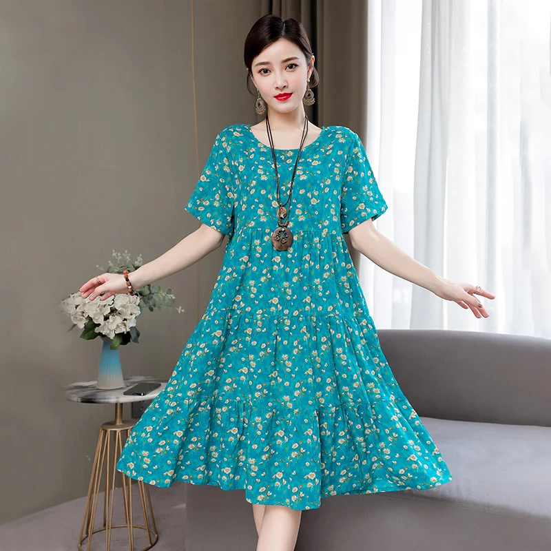 

Loose Midi Dress Women Vintage Floral Print Korean Boho Floral Dresses Summer O-Neck Womens Casual Sundress