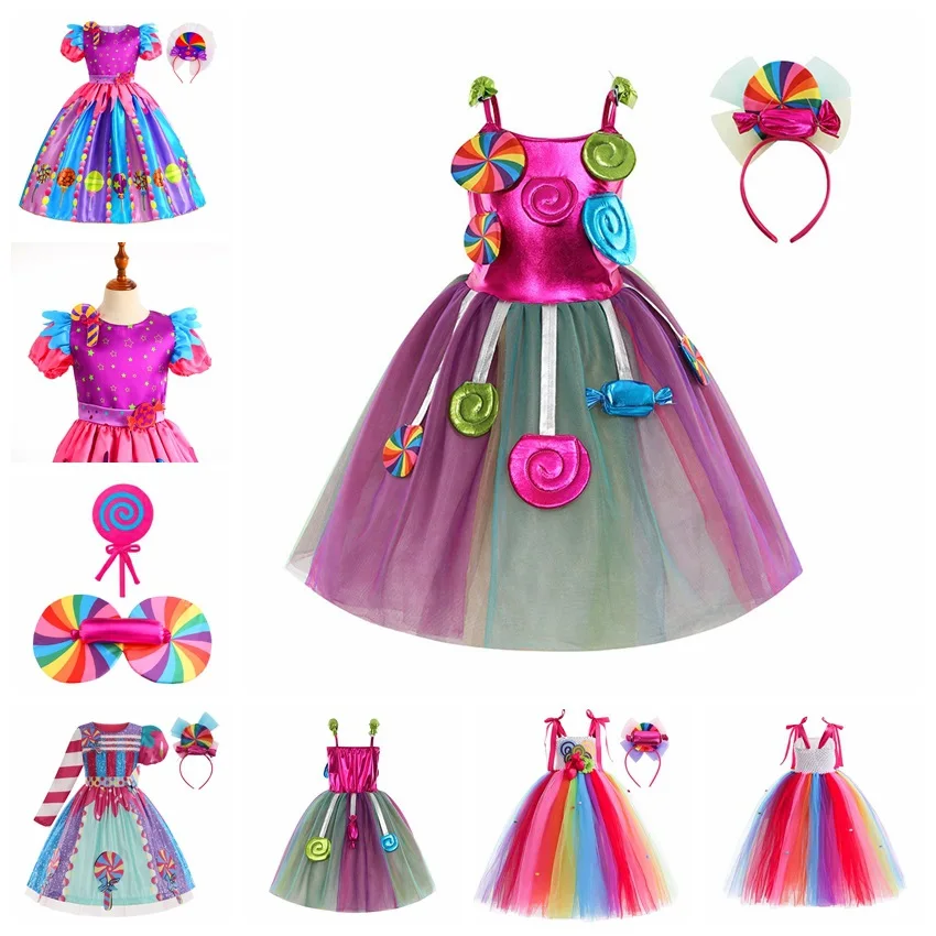 

Children Girls Halloween Cosplay Dress Shiny 3D Applique Rainbow Candy Mesh Princess Tutu Dress Christmas Carnival Party Costume