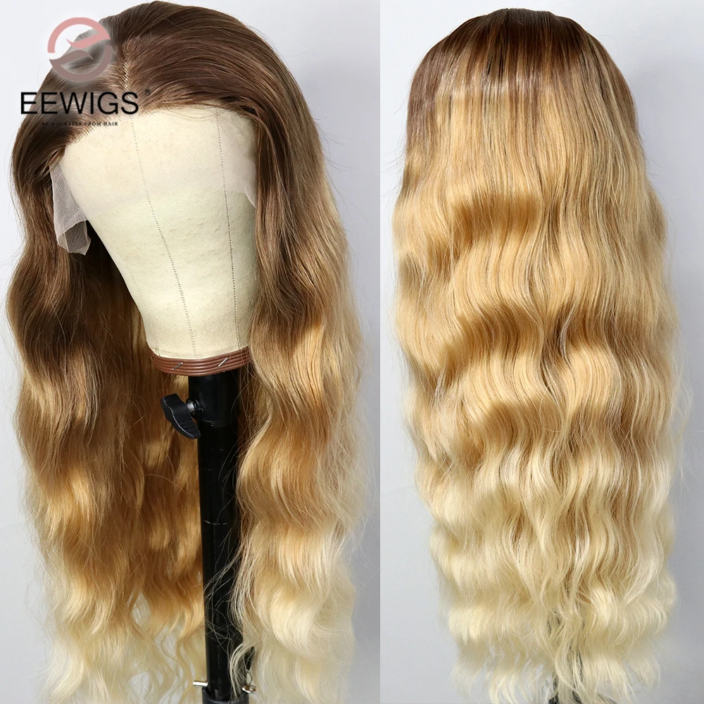 

Body Wave Synthetic 13X4 Lace Front Wig Heat Resistant Fiber 30 Inch Ombre Blonde For Woman Brown Root Drag Queen Party Cosplays