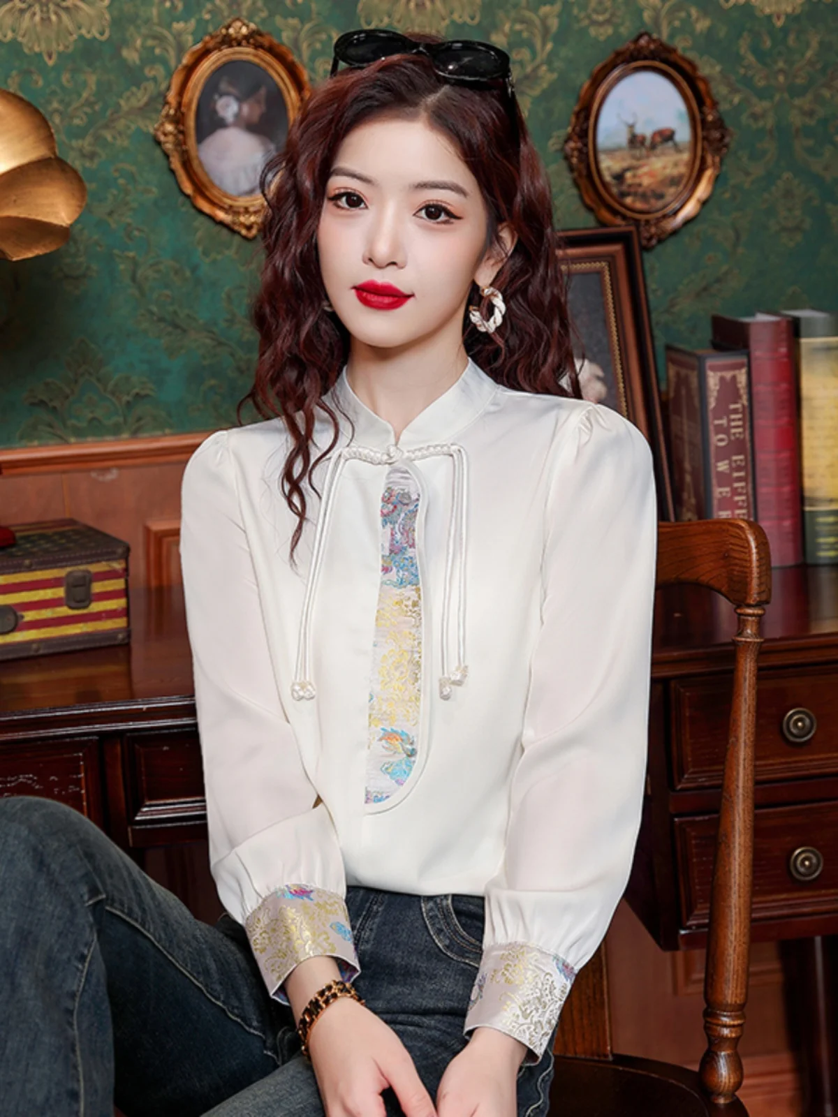 Новинка 2024 китайские рубашки из ацетата с пряжкой в стиле ретро женские