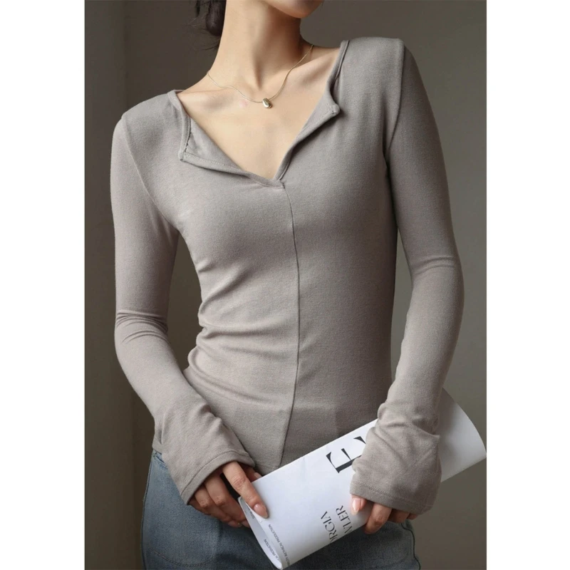 

Женская футболка с длинным рукавом, мягкая и дышащая базовая рубашка с v-образным вырезом, сексуальные укороченные топы, уличная