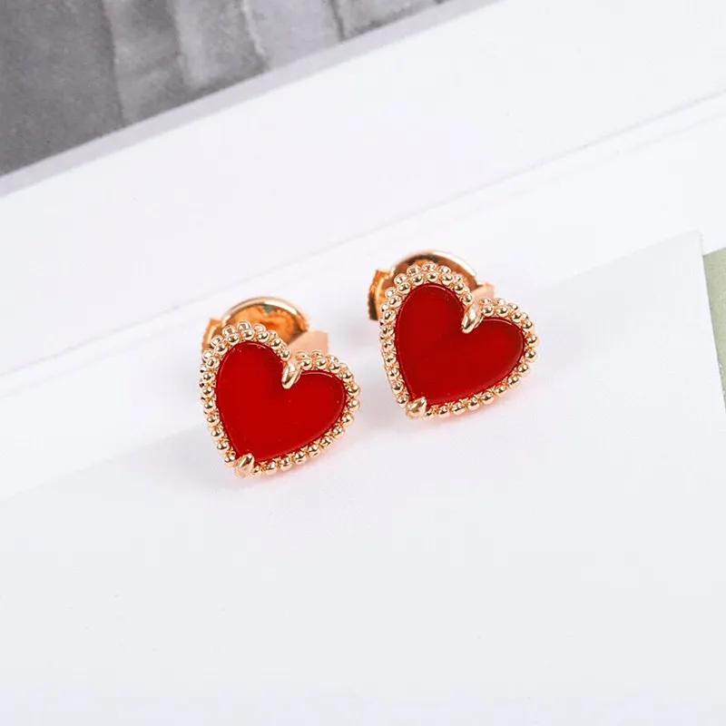 

Classic Rose Gold Red Agate Heart Shaped Earrings for Women Fashion Luxury Brands Exquisite Jewelry Party Gifts