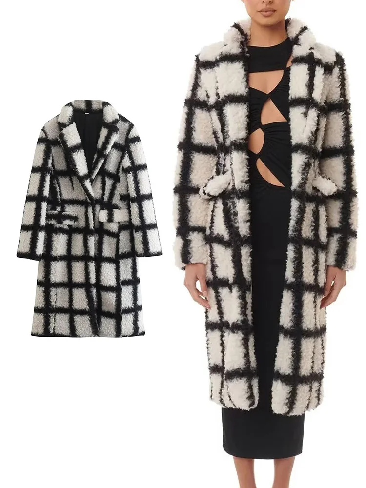 

TRAF Thick Autumn Winter Long Coat Woman Faux Fur Coat Women Plaid Warm Ladies Fur Teddy Jacket Female Plush Teddy Coat Outwear