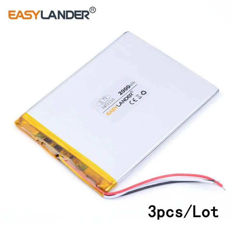 

3pcs /Lot 3 wire 2000mAH 3451110 lithium Li ion polymer rechargeable battery for tablet pc MP4 MP5 Speaker E-book tablet pc