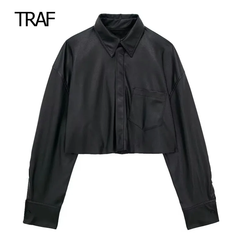 

Женская укороченная блузка из искусственной кожи, с длинным рукавом и пуговицами