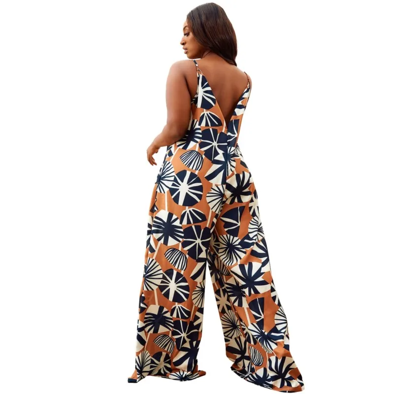 African Print Wide Leg Loose Jumpsuit 2023 Summer New Fashion Sexy Suspender Jumpsuit High Waist Trousers Long Pants Boubou