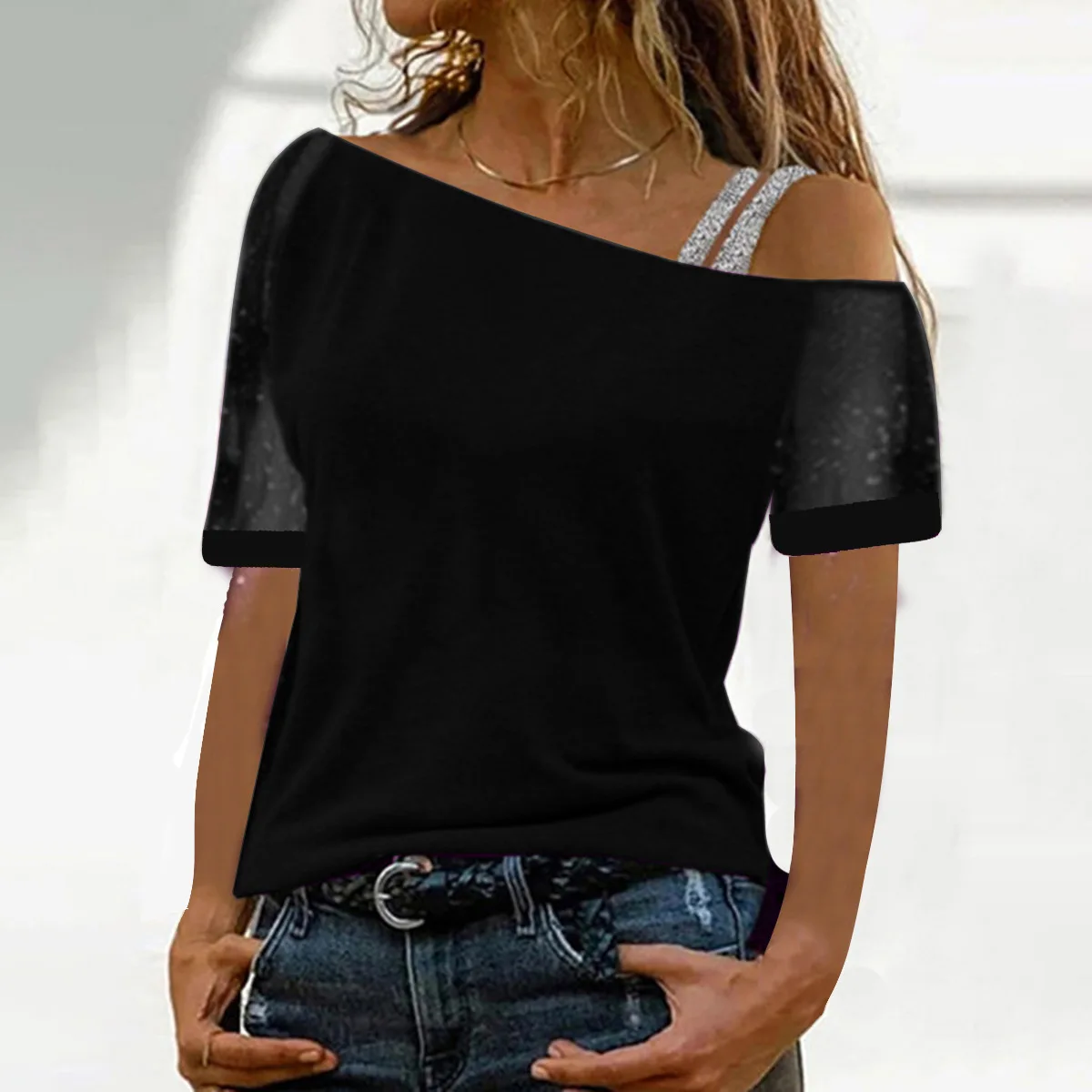 

Summer Sexy Fashion Women's Skew Neck Mesh Off Shoulder Short-sleeved Sleeve Tops 5XL Casual Solid Color Bottoming Shirt T-shirt