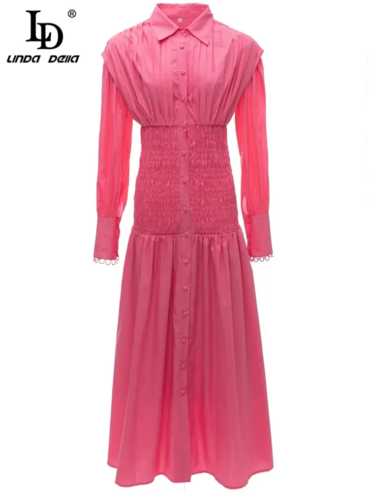 

LD LINDA DELLA Fashion Runway Spring Dress Women's Turn-down Collar Elastic Waist Single breasted Long sleeve Solid Dress