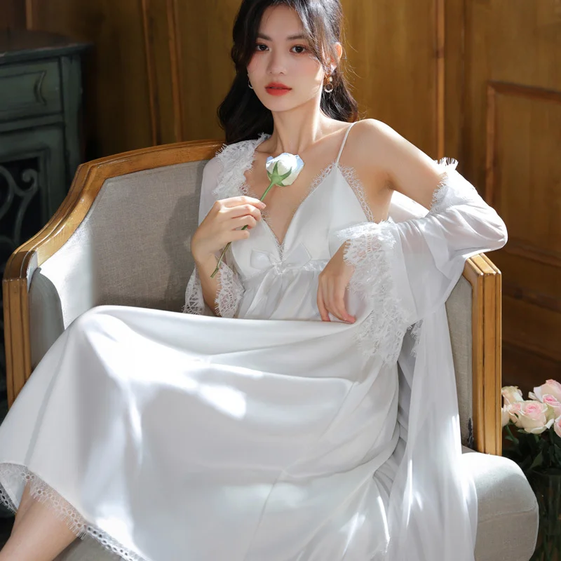 

2023 Long Sleeved Nightgown Women Sling Dress Robes Two Piece Nightdress Palace Style Gauze Sexy Housewear Suit V-neck Robe Sets