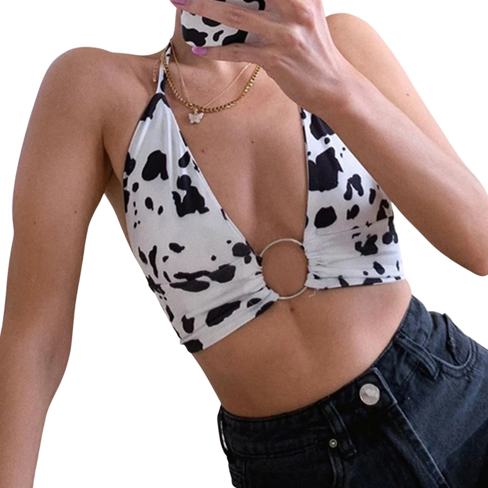 

Women Sexy Summer Cow Print Crop Tops Y2K Deep V Neck Sleeveless Sling Halter Vest with Metal Ring Cool Girl Streetwear Tank Top