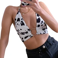 women sexy summer cow print crop tops y2k deep v neck sleeveless sling halter vest with metal ring cool girl streetwear tank top