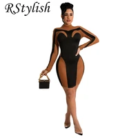 rstylish mesh patchwork long sleeve see through bodycon dresses for women 2022 fall outfits party club skinny dress