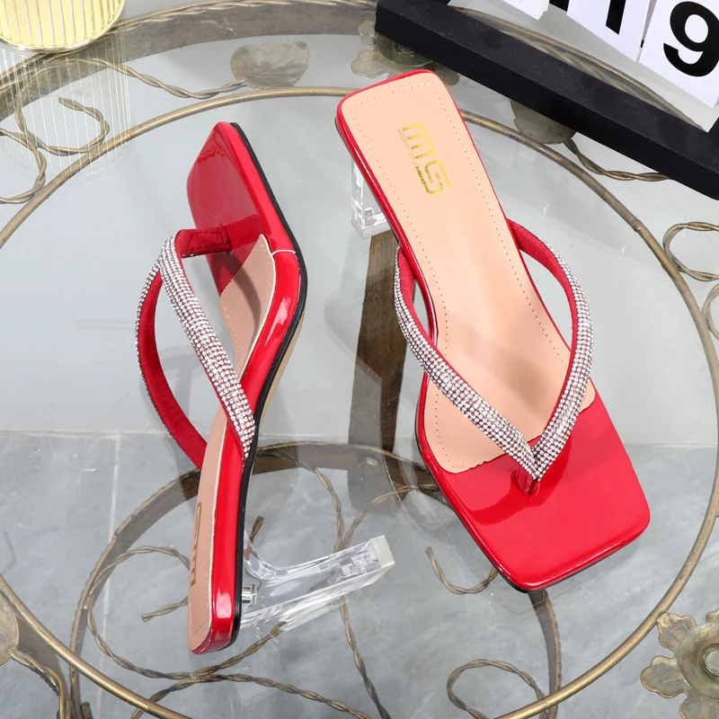 Women's shoes 2022 summer online celebrity square rhinestone high-heeled sandals transparent slippers with thick heels plus size