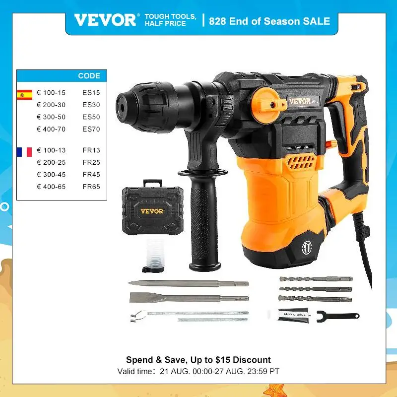 VEVOR 1500W Rotary Hammer Drill Max Drilling 32mm 4 Modes SD