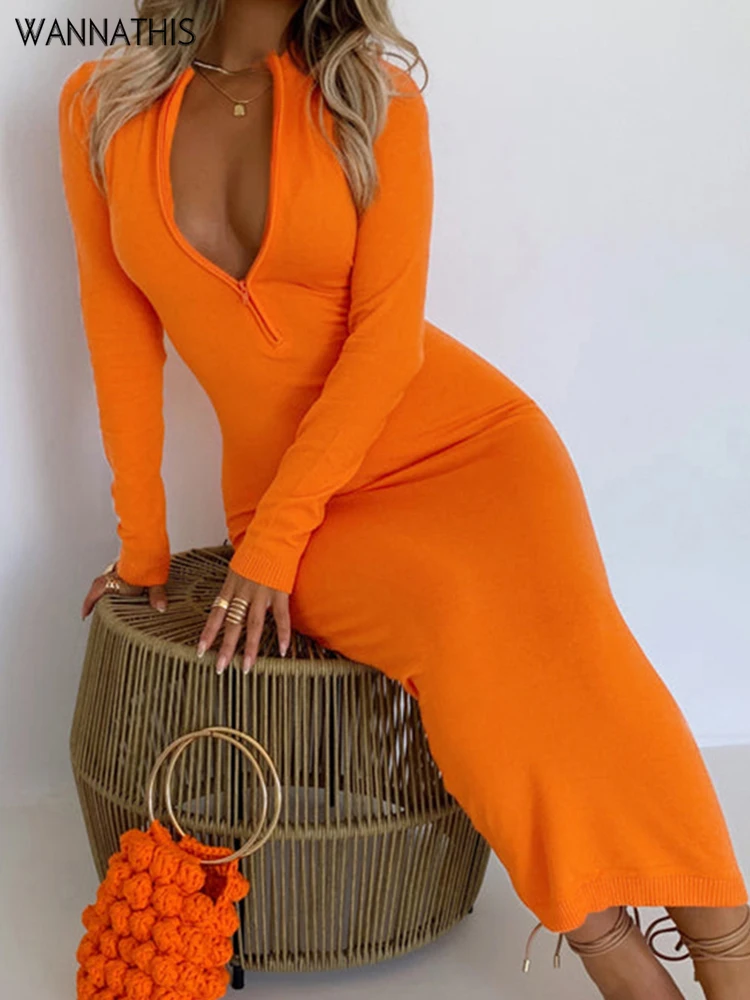 

WannaThis с v-образным вырезом осеннее платье сексуальное с v-образным вырезом с длинным рукавом однотонные накладывают женское платье для выпус...