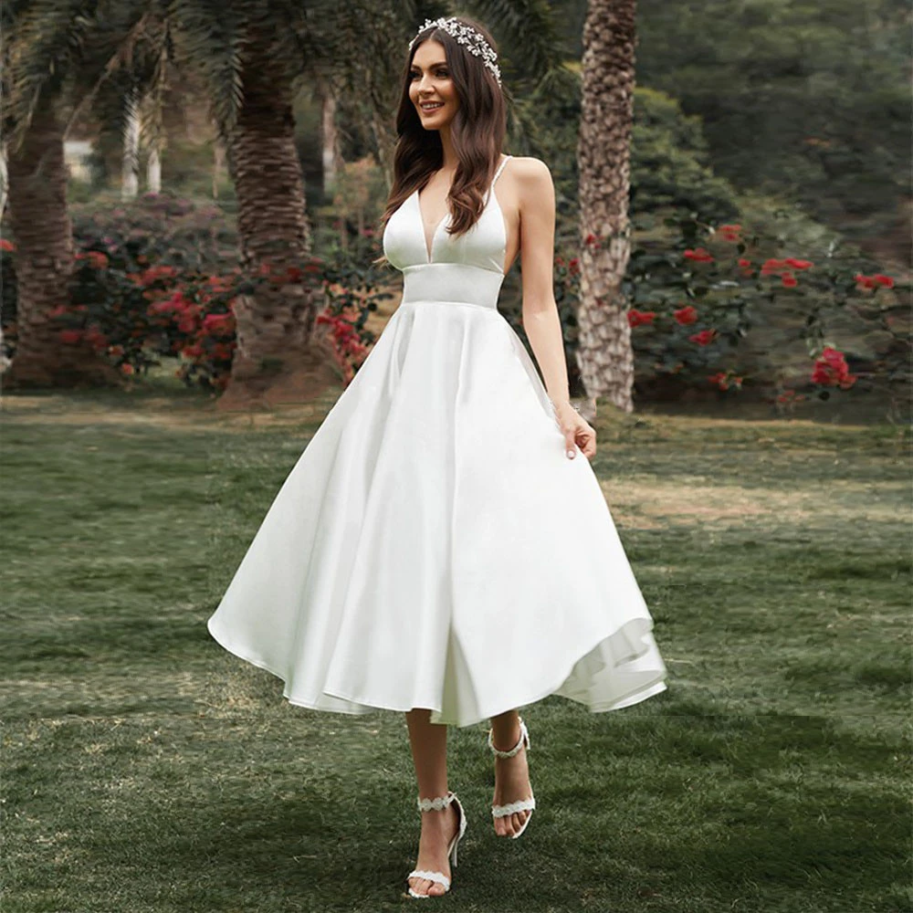 

vinca sunny novias Simple Satin Short Wedding Dress Bride Tea-Length Spaghetti Strap V-Neck Bridal Gowns Backless A-Line Civil