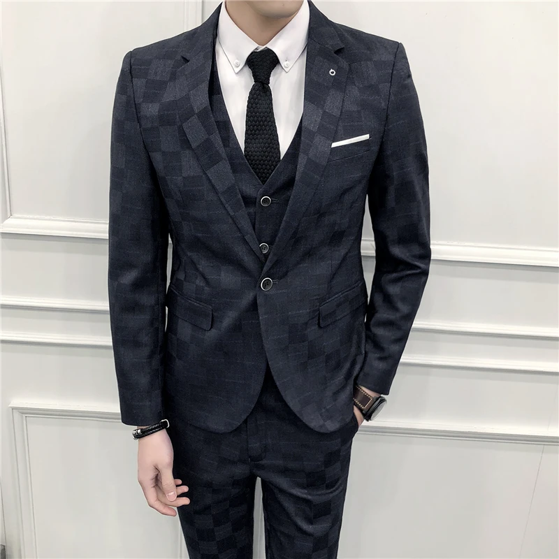 

[Blazer+Vest+Pants]Fashion plaid men's casual boutique wedding groom best man suit formal business three-piece suit mens suit