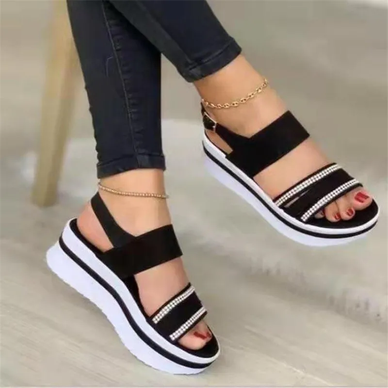 

Women's Shoes Summer 2022 Rhinestones Ladies Platform Wedge Shoes Ladies Sandals Buckle Non-slip Beach Sandals Plus Size 35~43