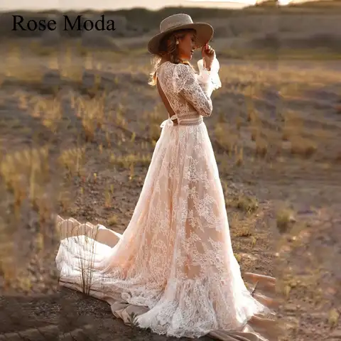 Rose Moda Long Sleeves Lace Boho Wedding Dress Backless Bohemian Bridal Gown Custom Make