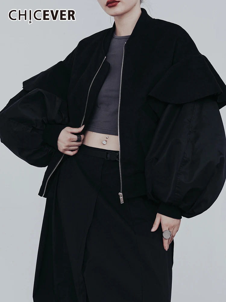 

CHICEVER, черное пальто для женщин, круглый вырез, рукав-фонарик, пэчворк, на молнии, минималистичное пальто, женская осенняя одежда, мода 2022