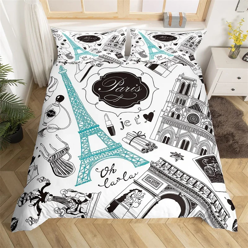 

Eiffel Tower Duvet Cover Full King For Boys Girls Microfiber Romantic Paris Bedding Set Bedroom Cherry Blossom Comforter Cover