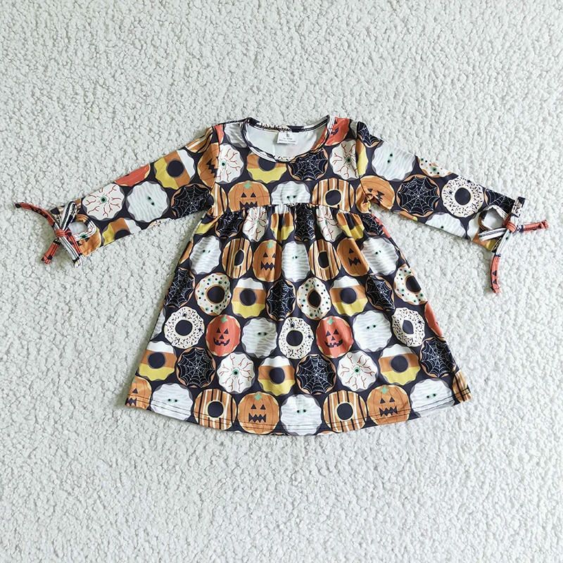 

Wholesale Baby Girl Halloween Fall Pumpkin Twirl Dress Long Sleeves Children New Donut Clothes Infant Boutique Horror Clothing