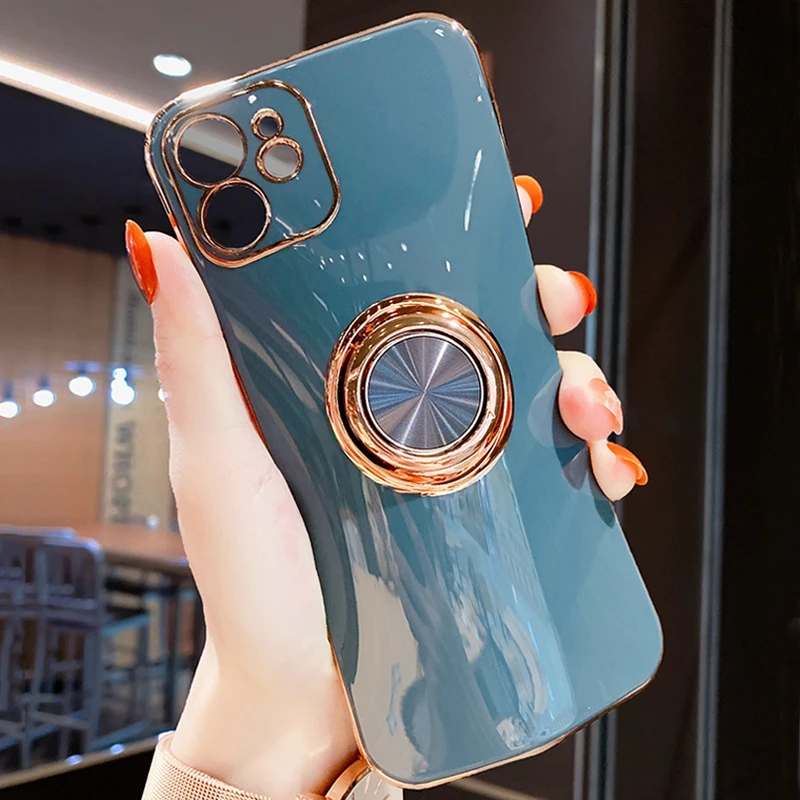 Luxury Plating Magnetic Case For iPhone 14 13 12 11 Pro Max XR XS X 7 8 Plus SE 2020 Soft Silicone Covers With Ring Holder Stand