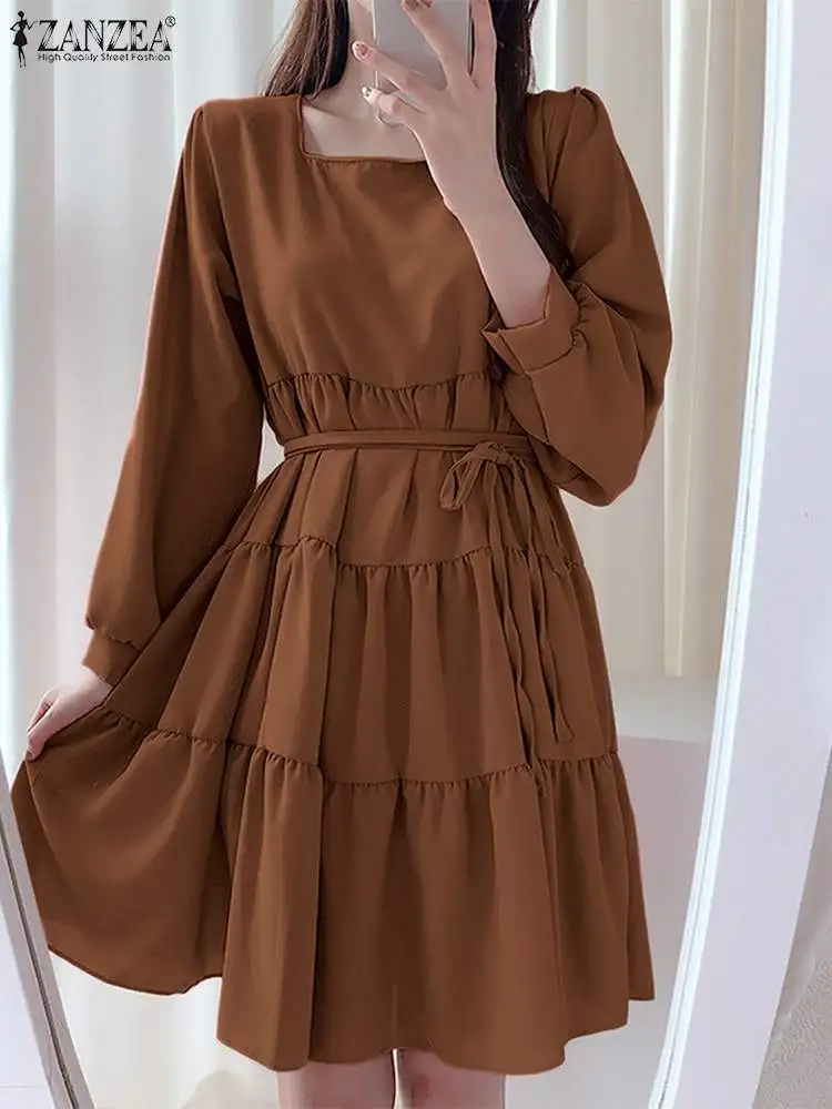 

Женское Короткое платье ZANZEA с квадратным вырезом, модное Бандажное платье, элегантное мини-платье с длинным рукавом, корейские стильные мно...