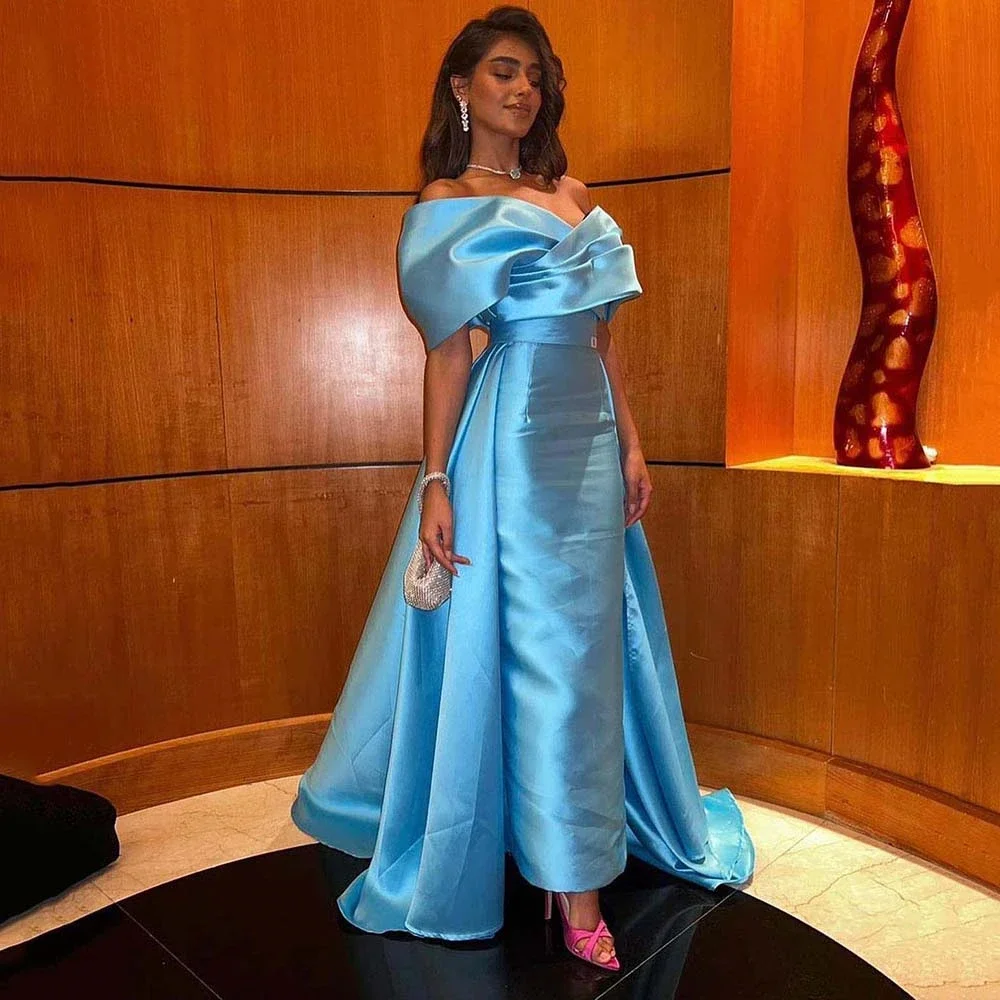

Elegant Blue Satin V-Neck Mermaid Evening Dress Off Shoulder Arab Dubai Formal Occasion Prom Dresses Bridesmaid Pageant Gowns