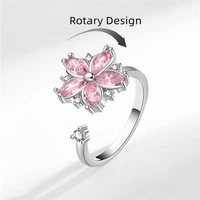 romantic flower shaped zircon ring light luxury niche design pink flower high end opening adjustable rotating personality ring