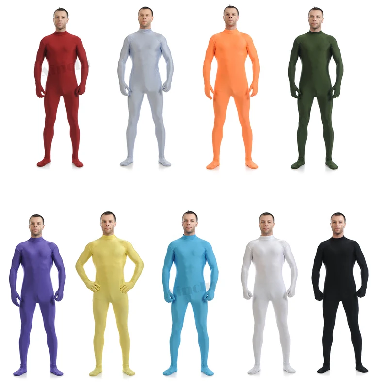 

Spandex Turtleneck Unitard Mens Full Body Zentai Suit Hoodless Footed Zipper Tight Skin Suits Dancewear With Hands