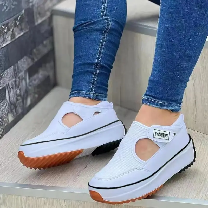 

Summer Large Size Flying Woven Breathable Casual Shoes Wedge Heel Thick Bottom Hollow Velcro Round Toe Low Top Women's Shoes