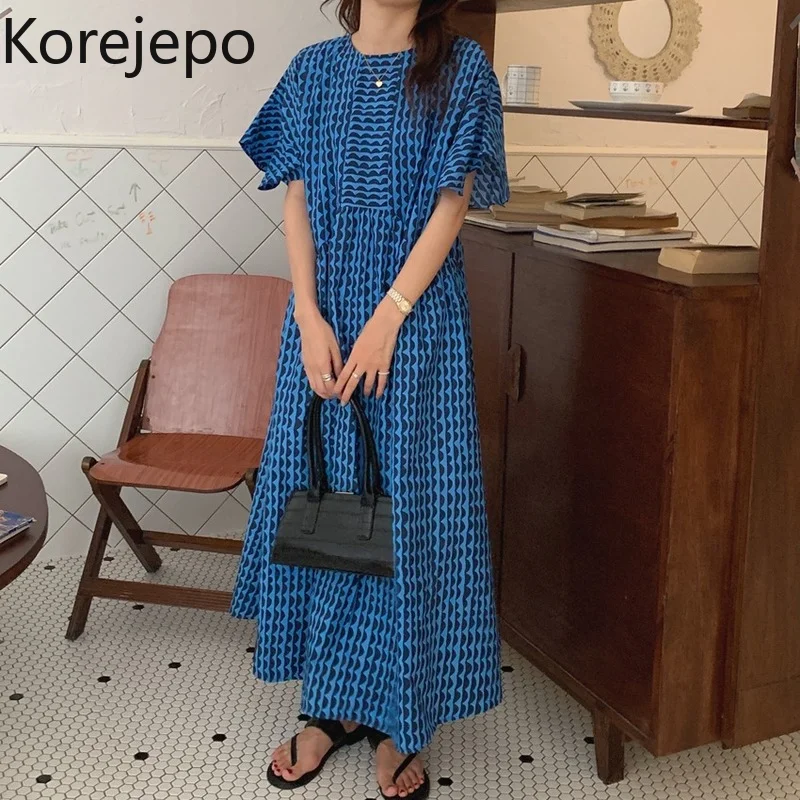 

Женское длинное платье Korejepo, элегантное свободное ретро-платье с круглым вырезом и волнистым принтом, с летящим рукавом, лето 2021