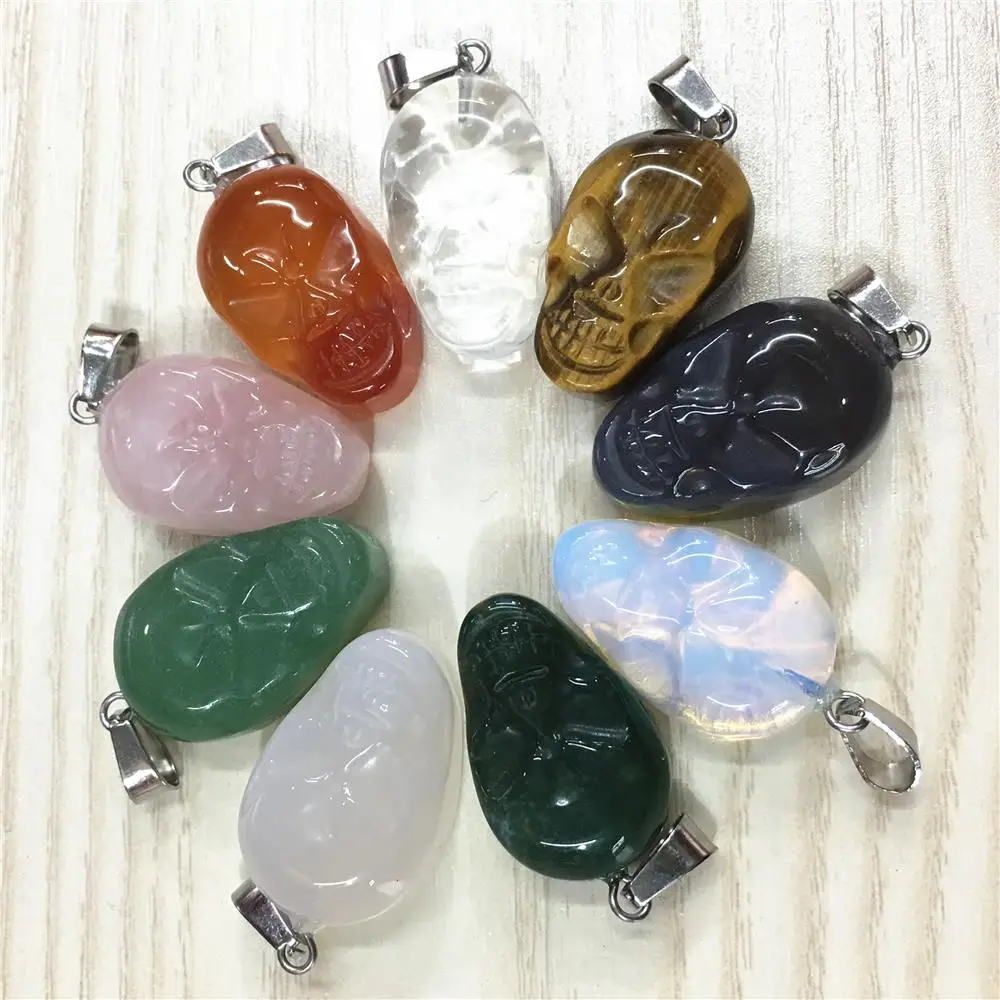 

Natural Stone Skull Skeleton Pendant Charms Quartz Crystal Turquoises Aventurine Tiger Eye for Diy Jewelry Making Necklace 10pcs